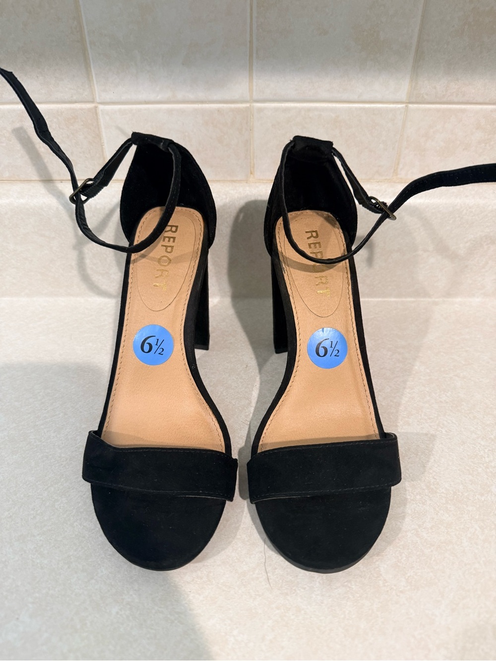 Report Black Suede Ankle-Strap Block Heel Sandals- never worn! 6.5